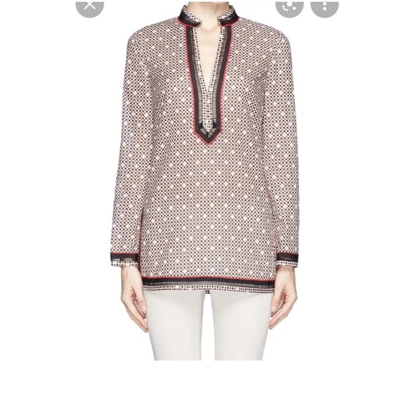 Tory Burch $295 Tory Tunic Long Sleeve Top 6 Six Desert Sand Dotted Squares Euc - Picture 1 of 6